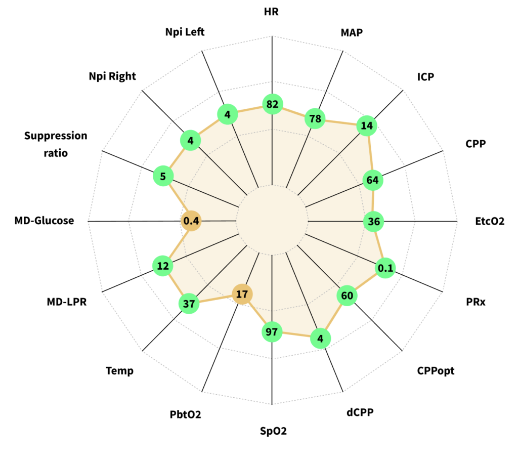 Spider Plot Bad situation with low brain oxygen and low glucose