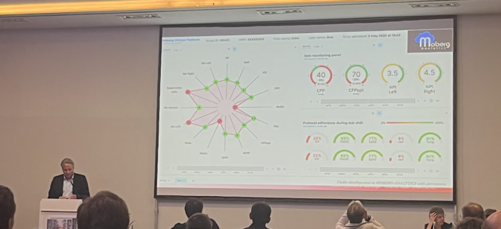 Dr. Raimund Helbok presenting our collaboration with his neuro ICU at Johannes Kepler University Linz (JKU) during his talk on the “future of neuromonitoring.”